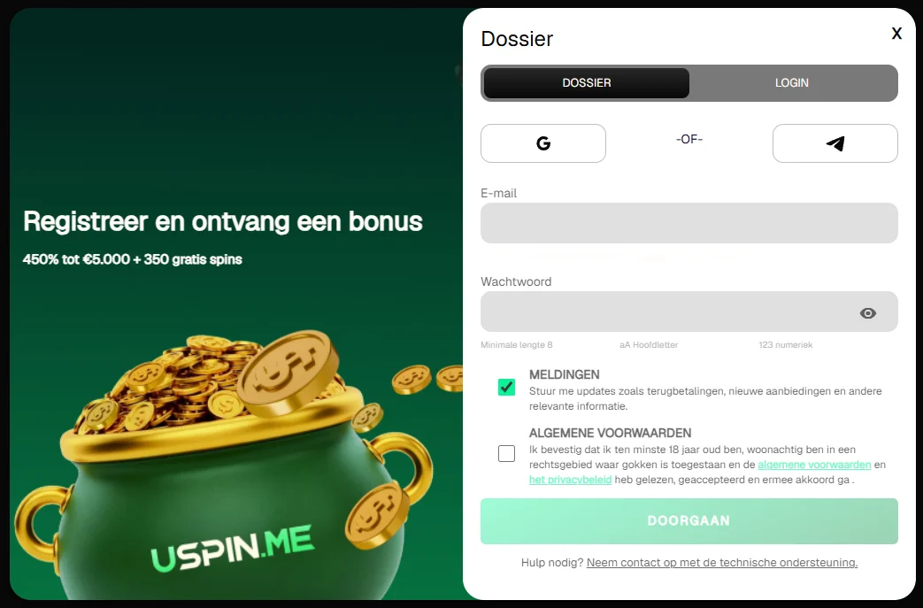 Uspinme Casino registratieformulier met welkomstbonus en gratis spins