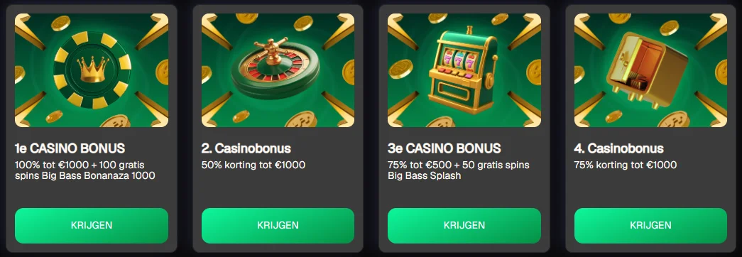 Uspinme Casino bonuskaarten met casino bonussen en groene knoppen